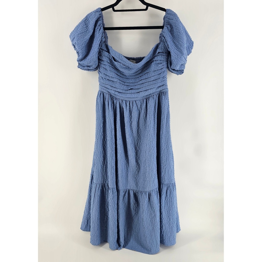 Abercrombie Fitch Emerson Midi Dress M Blue Puff Sleeve Texture Cottagecore Boho